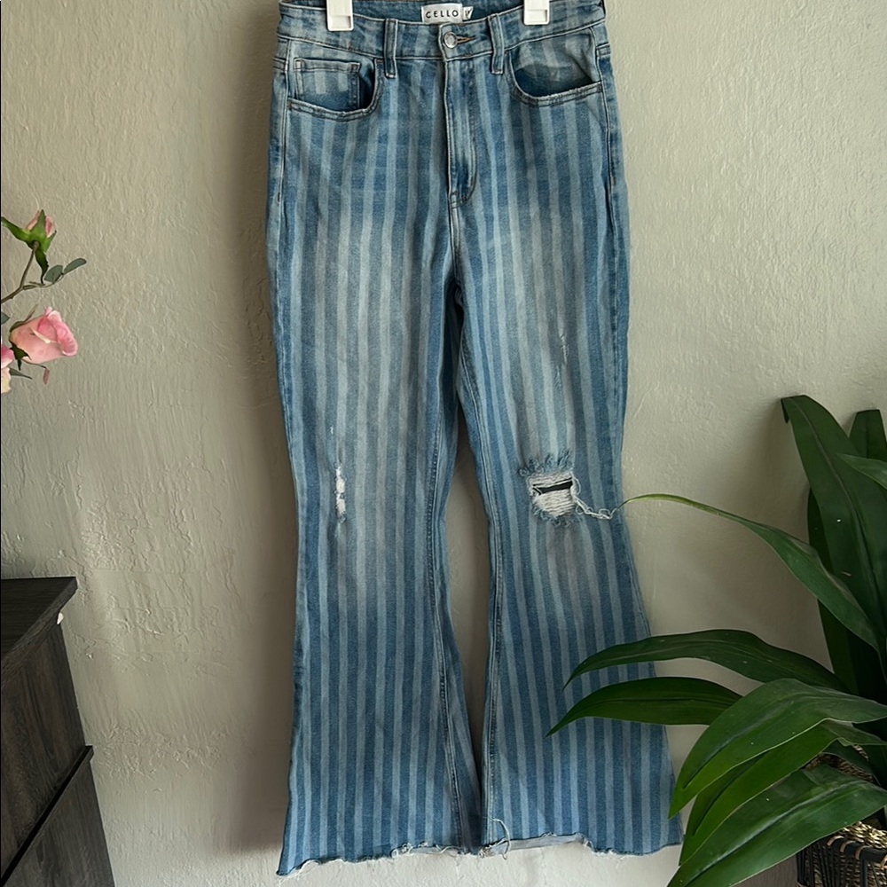 Blue Striped Women's bell bottom high waisted jeans